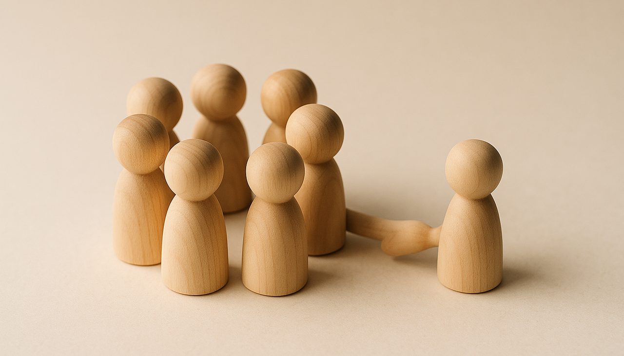 Des figurines en bois rassemblées en cercle accueillent une figurine qui les rejoint, métaphore d'une équipe qui adopte le CRM