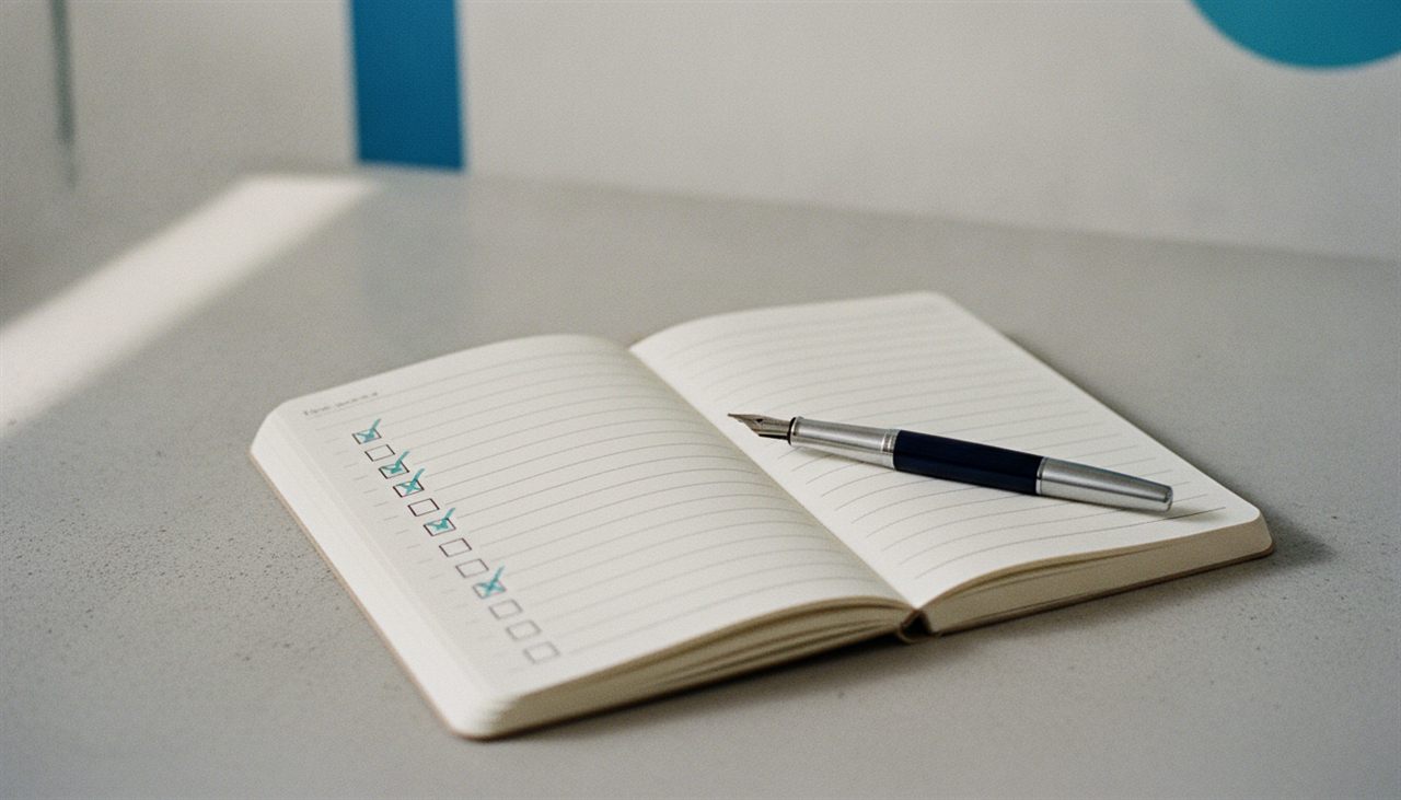 Carnet ouvert avec une liste cochée et un stylo plume, image du cahier des charges CRM