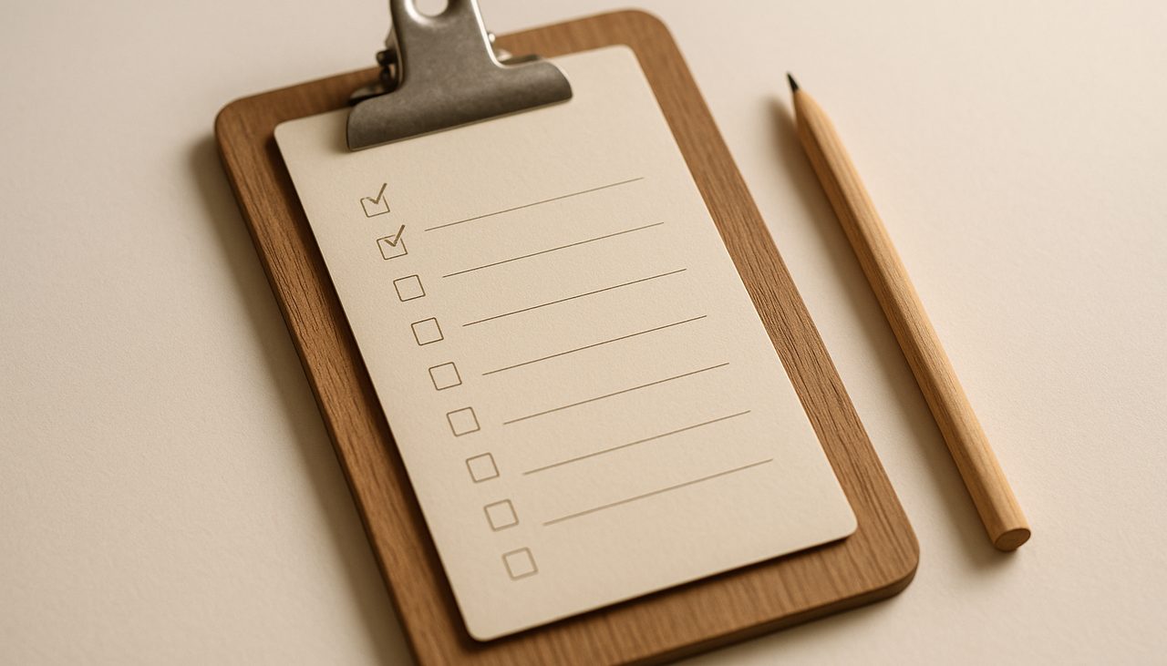 Une planchette en bois tenant une fiche de checklist où plusieurs cases sont cochées, à côté d'un crayon, illustration d'une migration de CRM méthodique