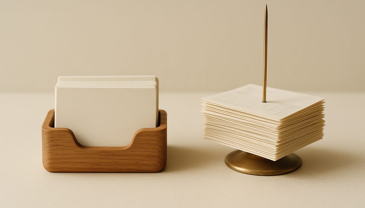 Un porte-cartes en bois à gauche et une pique à factures en laiton à droite, métaphore de deux outils distincts, CRM et logiciel de facturation