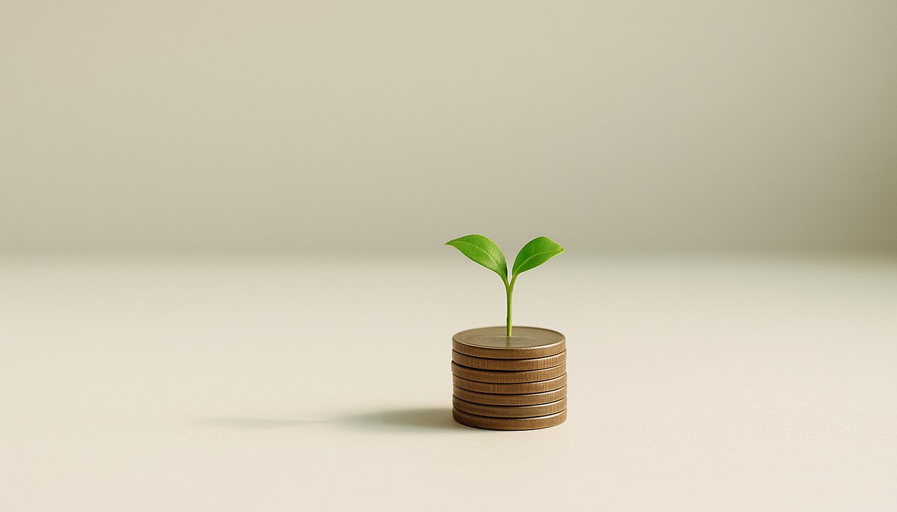 Une jeune pousse verte qui grandit au sommet d'une pile de pièces, métaphore du retour sur investissement d'un CRM