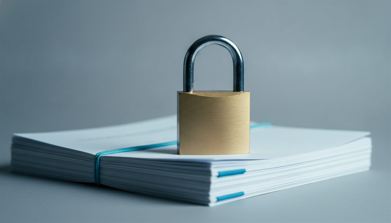 Cadenas posé sur une pile de documents, métaphore du CRM conforme au RGPD