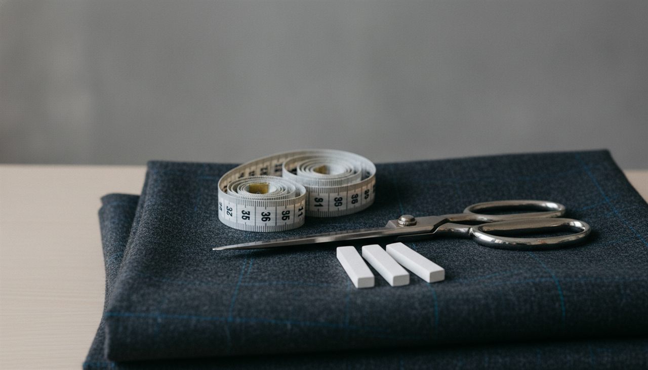 Mètre de couturier, ciseaux et craie sur du tissu, métaphore du CRM sur mesure
