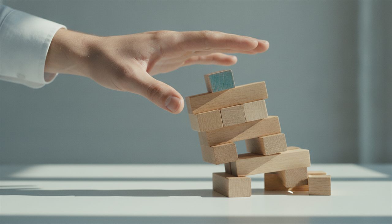 Une main retient une tour de blocs penchée, métaphore de l’échec d’un projet CRM