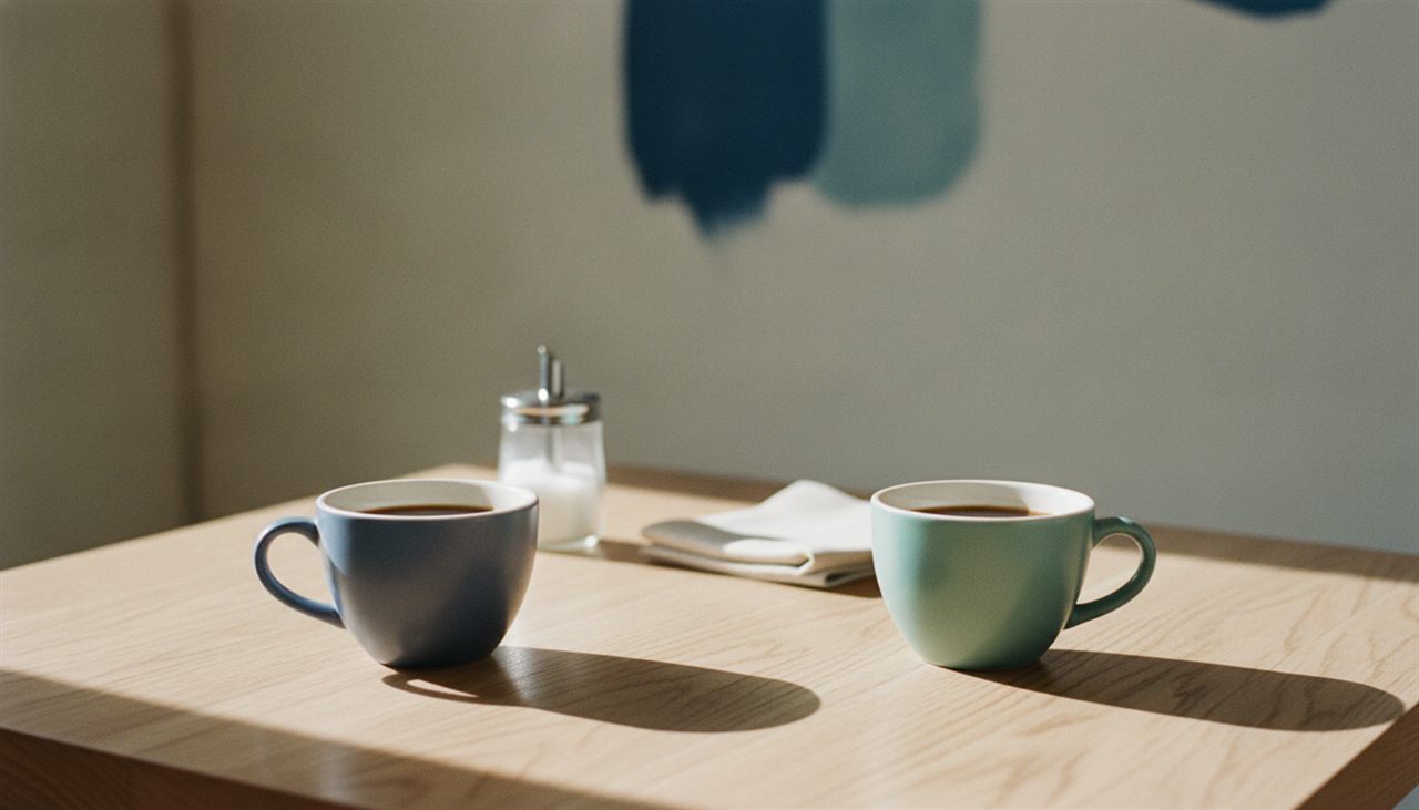 Deux tasses de café face à face sur une table, métaphore de la relation client