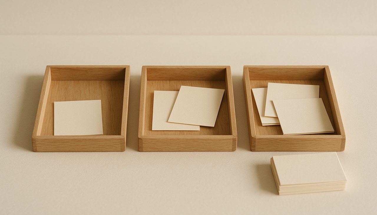Trois petits bacs de tri en bois et des fiches cartonnées réparties entre eux, illustration du tri des leads selon la méthode BANT