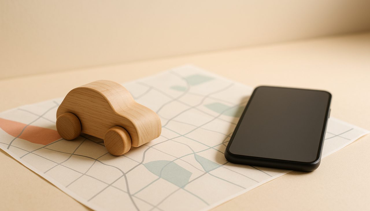 Une petite voiture en bois posée sur une carte routière dépliée, à côté d'un smartphone, évocation des tournées commerciales