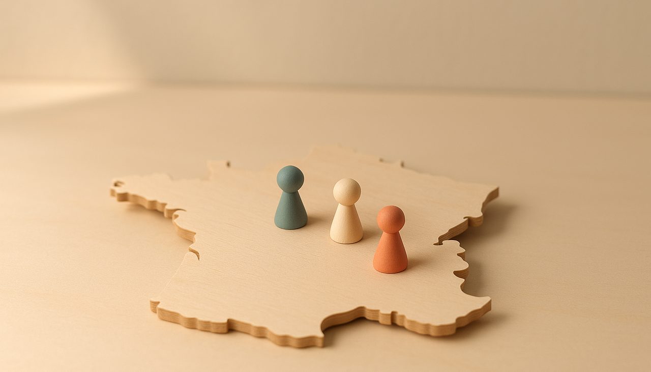 Une carte de France en bois clair posée sur un bureau, avec quelques pions colorés, évocation des éditeurs de CRM français