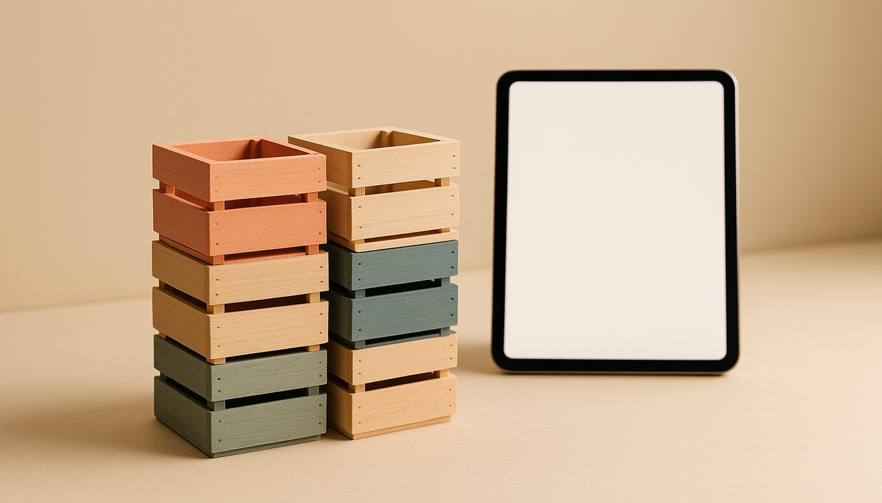Des caisses en bois miniatures empilées sur un bureau clair à côté d'une tablette, évocation du négoce et de la distribution