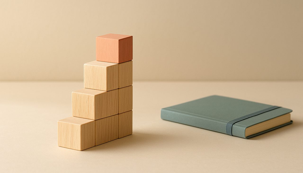 Des blocs de bois disposés en escalier sur un bureau clair, image de la croissance d'une PME