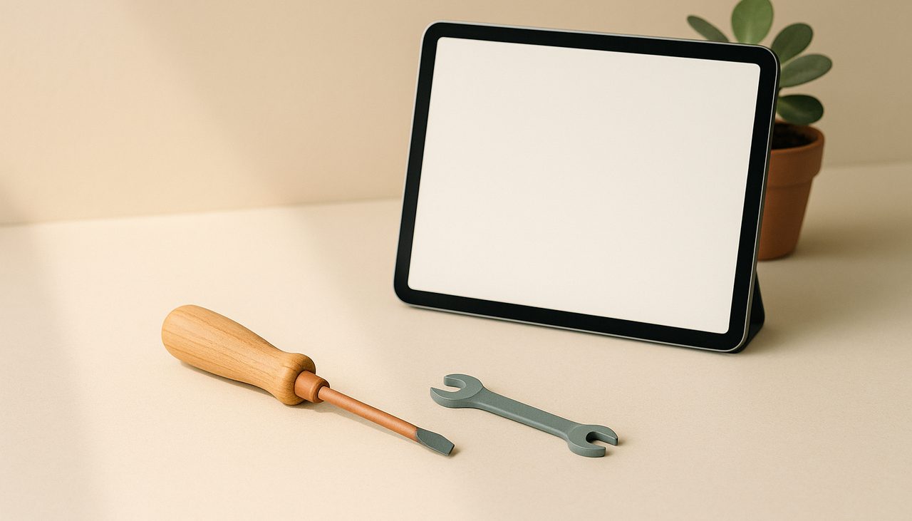 Un tournevis à manche en bois et une clé plate posés sur un bureau clair à côté d'une tablette, évocation du service après-vente