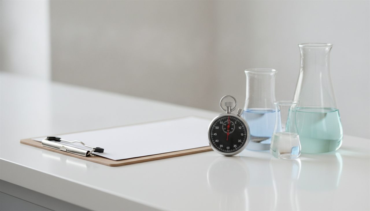 Presse-papiers, chronomètre et béchers, métaphore de la méthodologie de test des CRM
