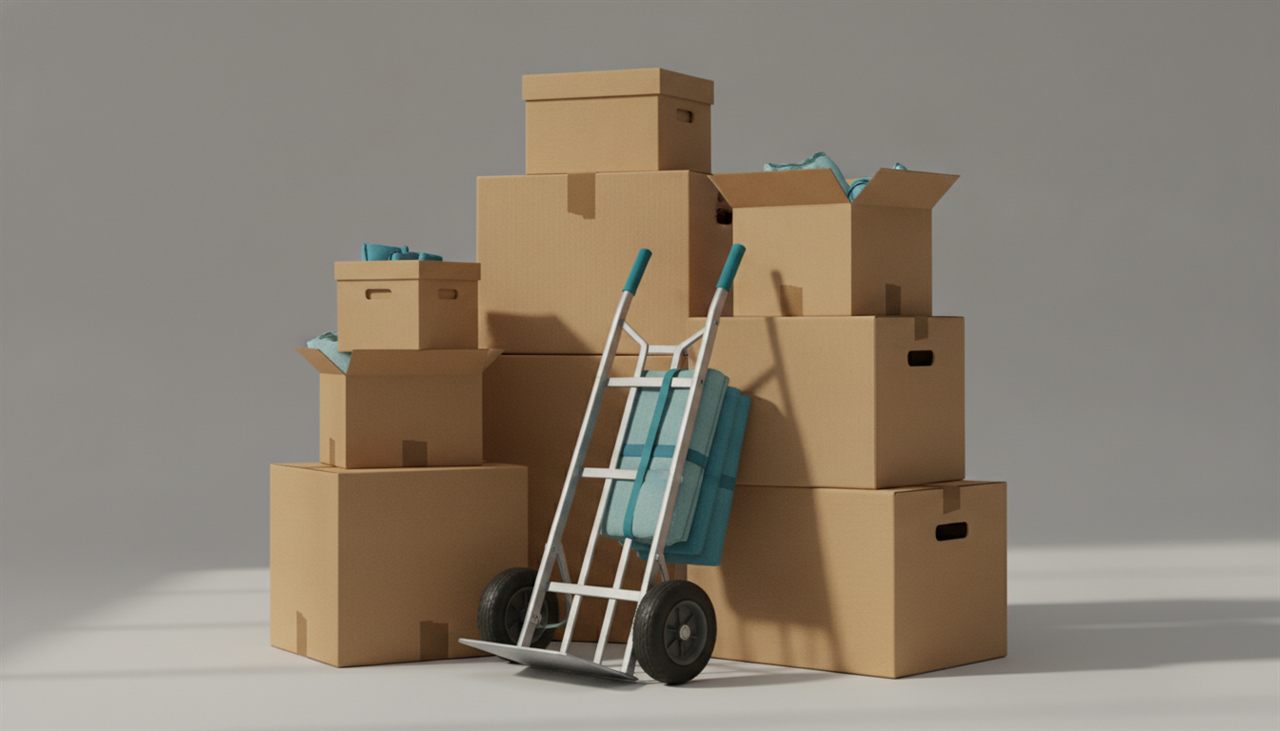 Cartons de déménagement empilés et diable, métaphore de la migration de CRM