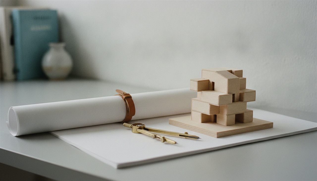 Plan d’architecte, compas et maquette, métaphore de la mise en place d’un CRM