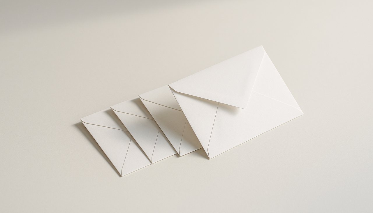 Quelques enveloppes en papier disposées en éventail sur un bureau clair, illustration des modèles email de relance