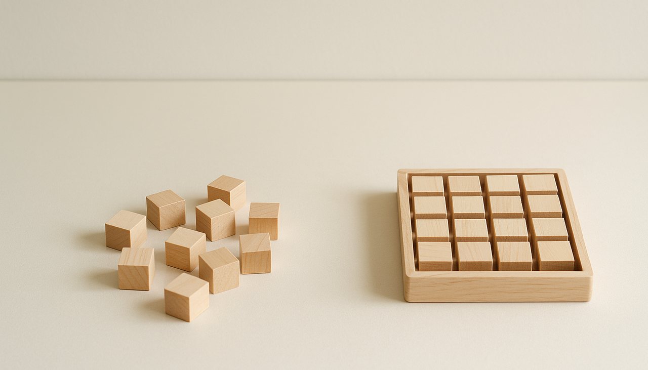 D'un côté des cubes en bois en vrac, de l'autre les mêmes rangés dans un plateau à compartiments, métaphore d'un outil générique face à un CRM dédié