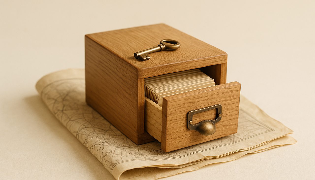 Un petit meuble à fiches en bois et une clé en laiton posés sur une carte ancienne, métaphore du lieu de stockage des données et de leur accès