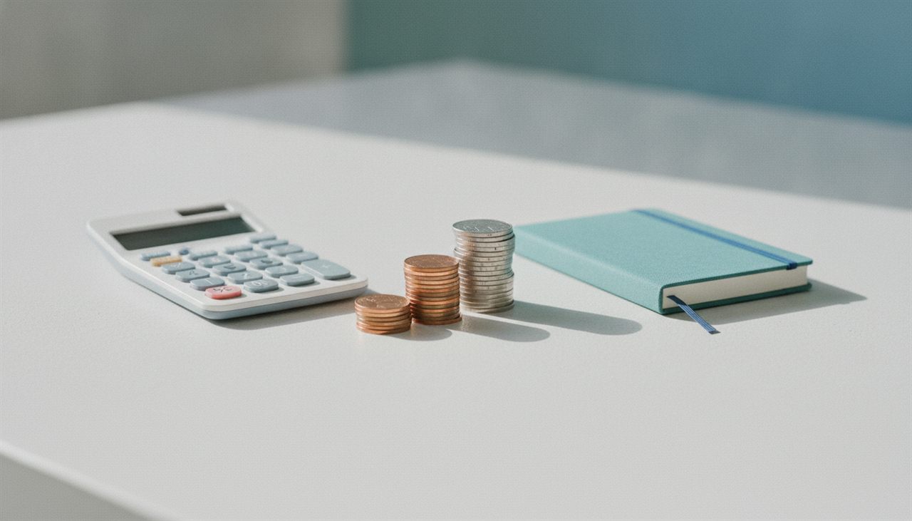 Calculatrice, pièces empilées et carnet, métaphore du prix d’un CRM