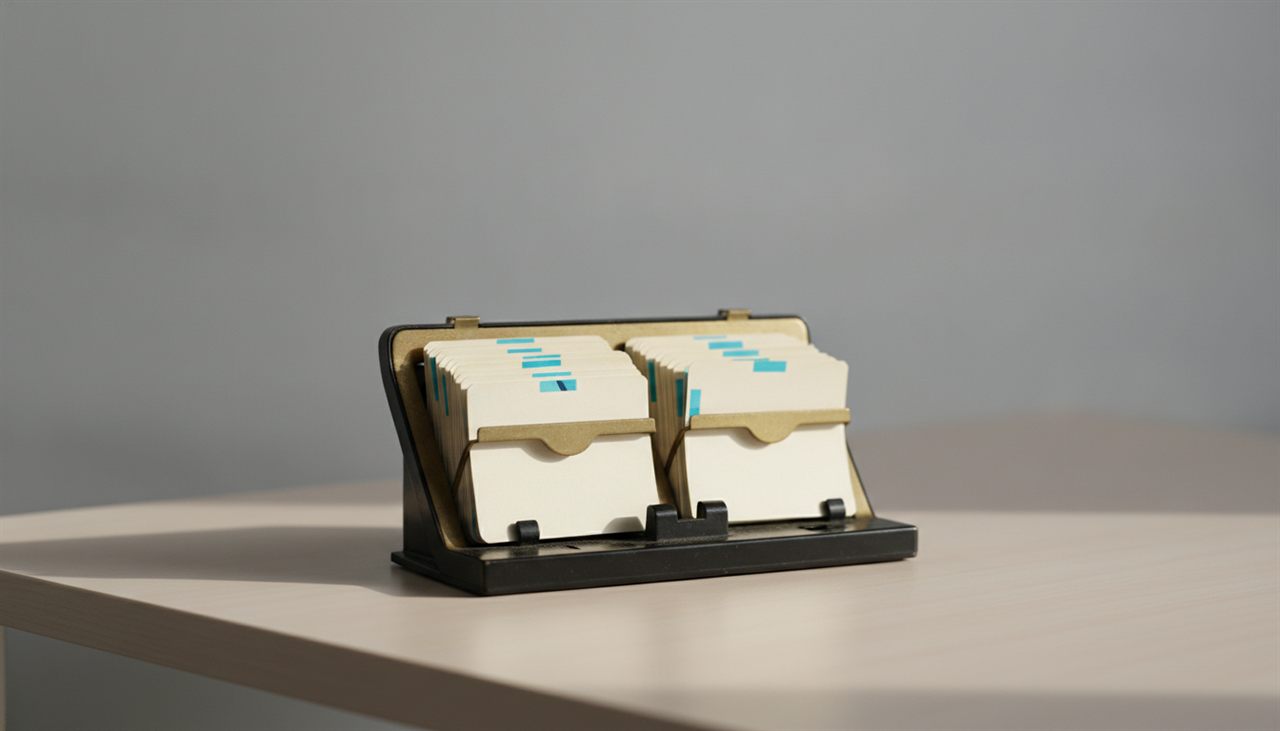 Rolodex de contacts ouvert sur un bureau, image illustrant ce qu’est un CRM