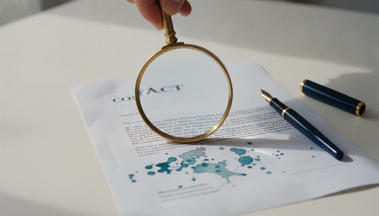 Loupe au-dessus d’un contrat et stylo, métaphore des questions avant la démo CRM