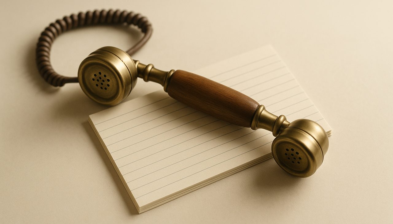 Un combiné de téléphone de bureau posé sur une fiche cartonnée annotée, illustration d'un script d'appel de prospection