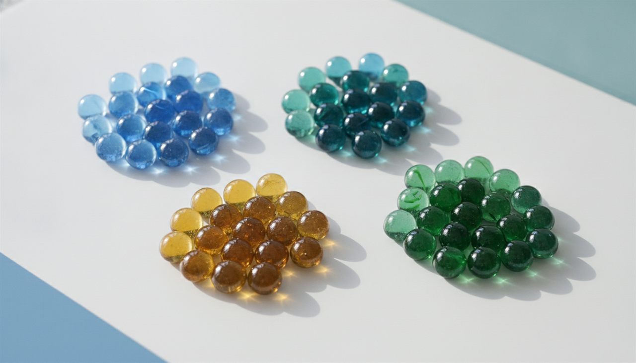 Billes de couleur triées en quatre groupes, métaphore de la segmentation client