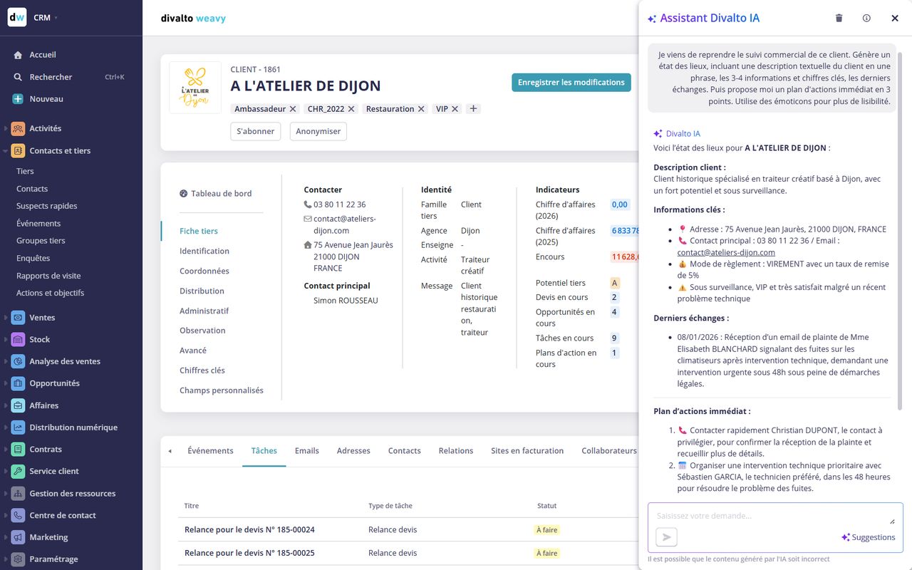 Fiche client dans Divalto weavy, avec l'Assistant Divalto IA qui résume le compte et propose un plan d'action