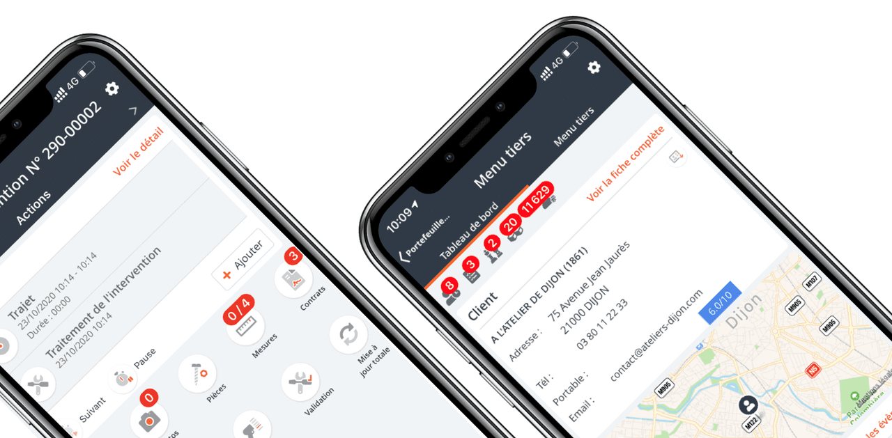 Application mobile Divalto weavy : écran de suivi d'une intervention (trajet, pièces, mesures, contrats, validation) et fiche client avec carte
