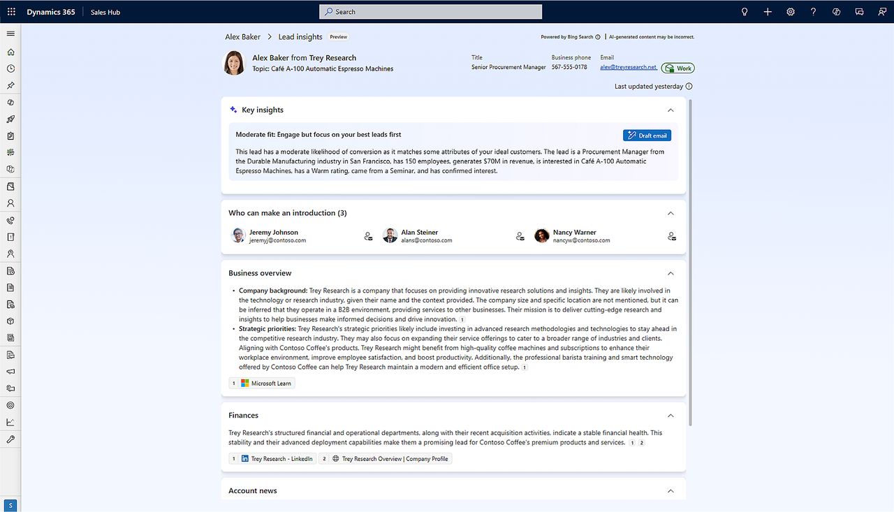 Fiche prospect dans Dynamics 365 Sales avec les informations clés générées par l'IA