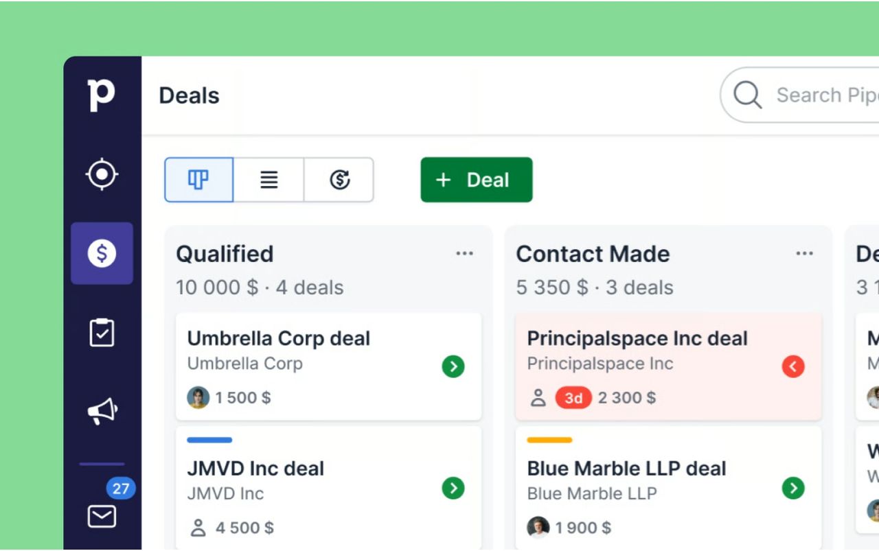 Pipeline de vente en colonnes dans Pipedrive, avec les affaires par étape