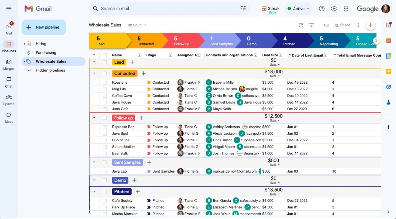 Aperçu de l'interface de Streak dans Gmail